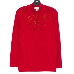 Quacker Factory Sweater 1/4 Zip Embellished Christmas Holiday Festive Red Small
